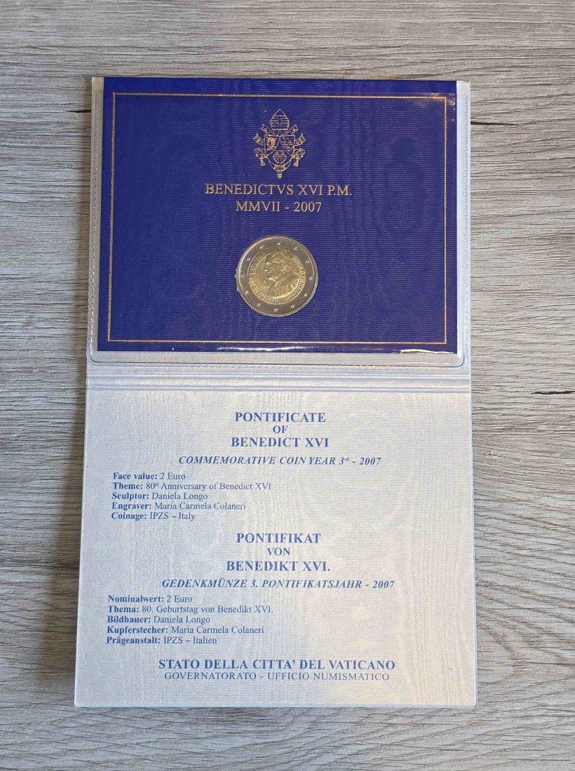 Vatikan, 2 Euro, 2007 Sondergedenkmünze zum 80. Geburtstag von Papst Benedikts im Folder   