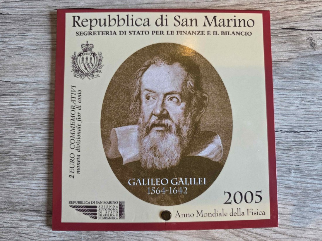  San Marino 2 Euro UN Internationales Jahr der Physik 2005 (Galileo Galilei) ST in Coincard mit Umver   