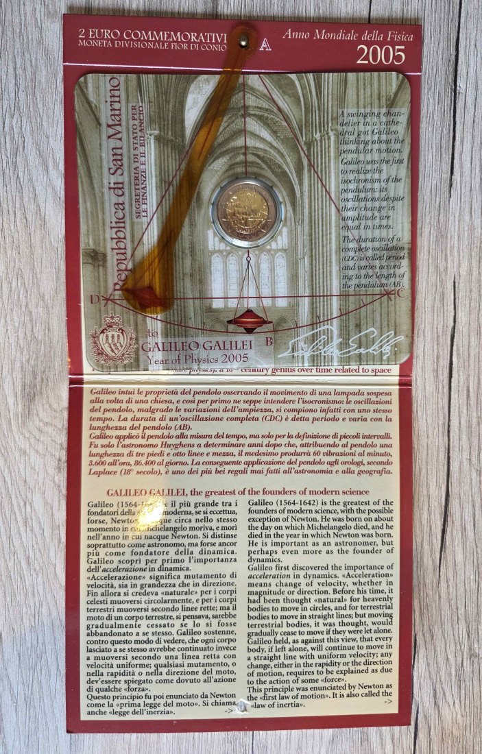  San Marino 2 Euro UN Internationales Jahr der Physik 2005 (Galileo Galilei) ST in Coincard mit Umver   