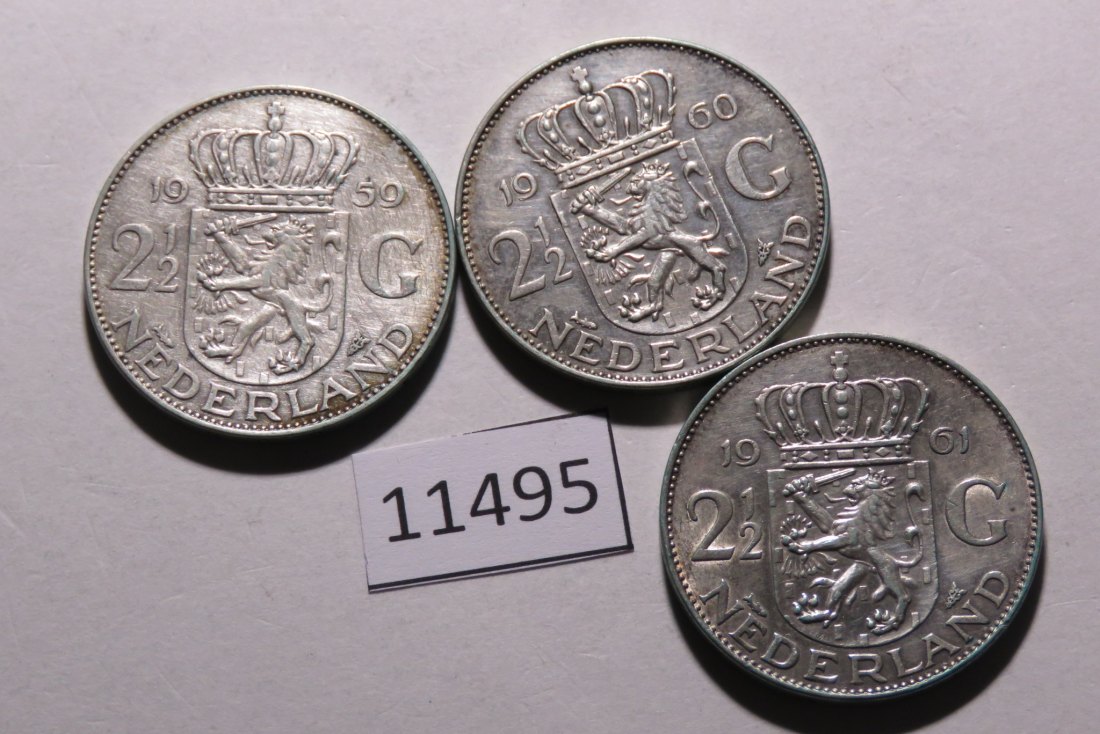  11495 Niederlande 1959 1960 1961 - 3 mal 2 1/2 Gulden  - 45,0 g SILBER 0.720   