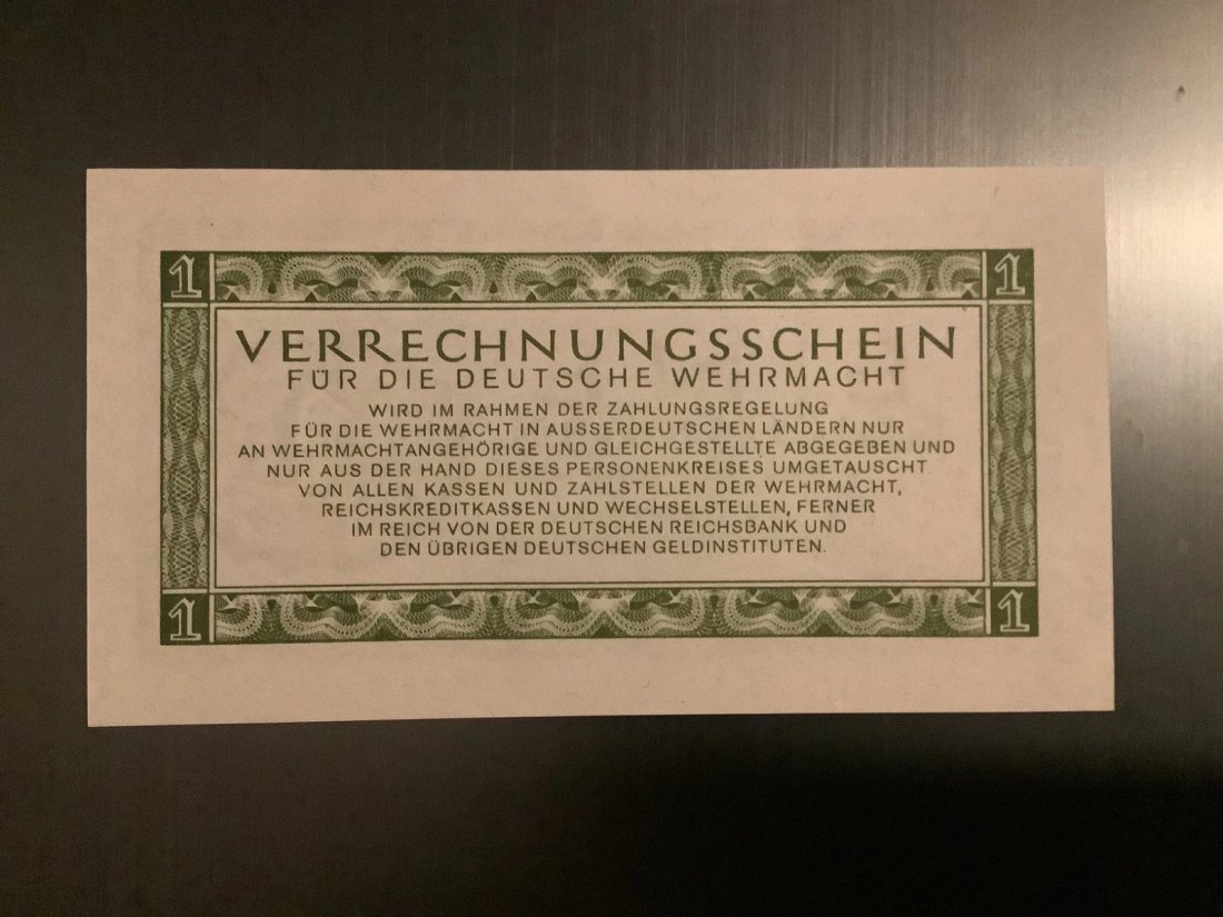  Banknote 1 Reichsmark 1944 Verrechnungsschein deutsche Wehrmacht   