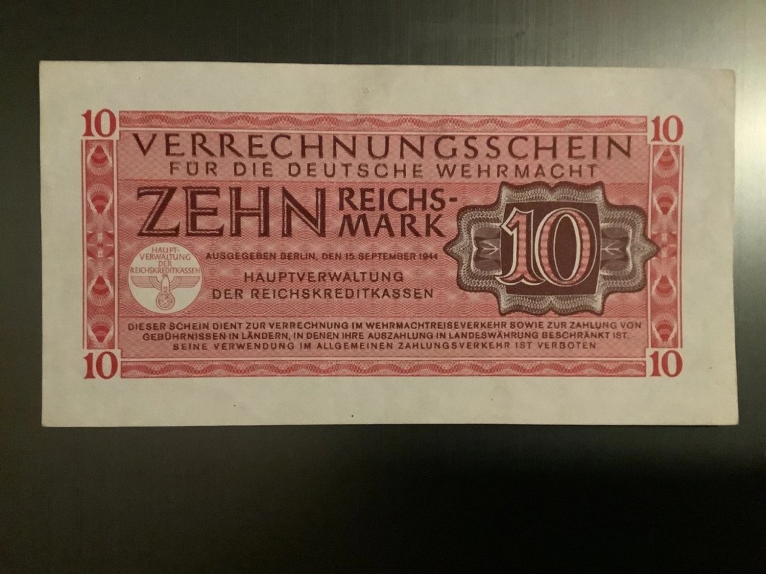  Banknote 10 Reichsmark 1944 Verrechnungsschein deutsche Wehrmacht   
