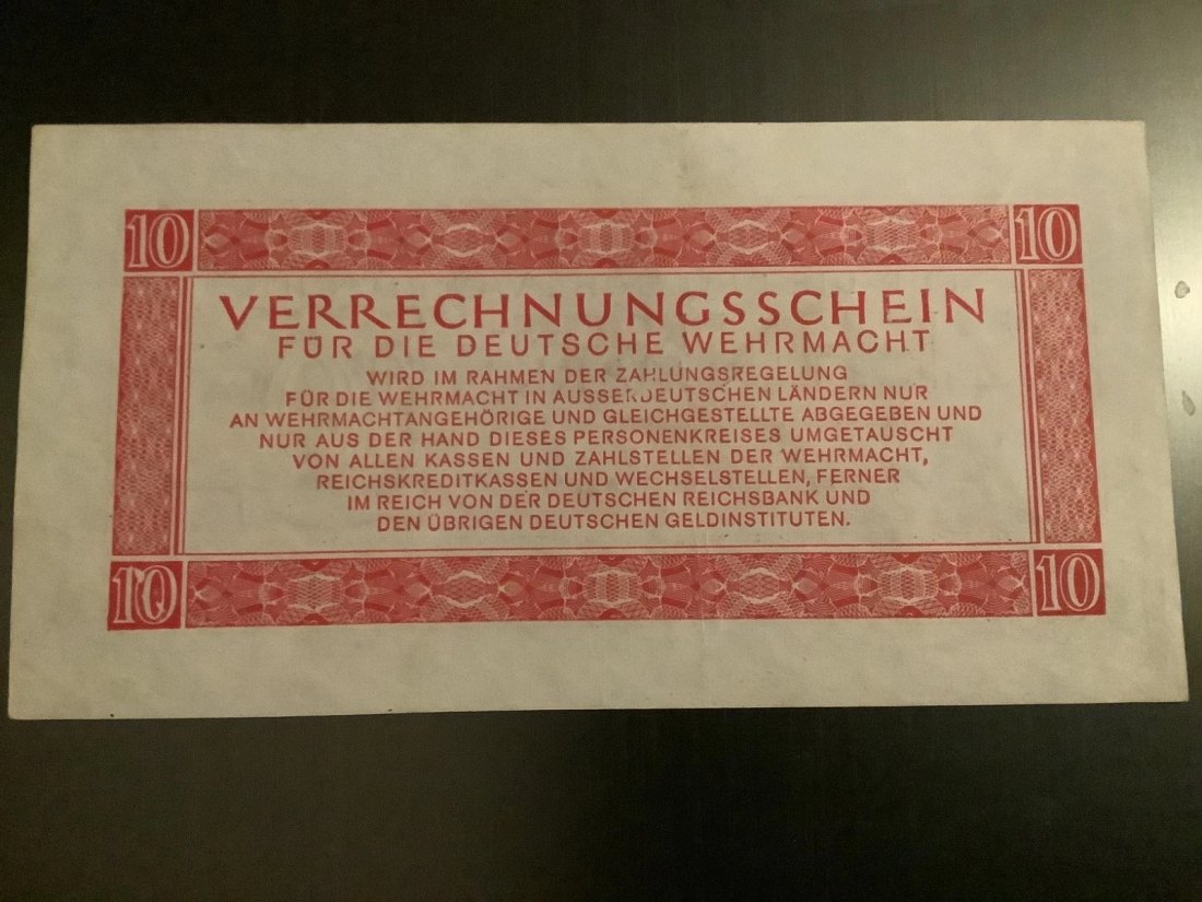  Banknote 10 Reichsmark 1944 Verrechnungsschein deutsche Wehrmacht   