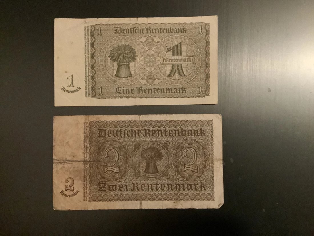  Banknoten 1 Rentenmark 1937//2 Rentenmark 1937-1948 SBZ   