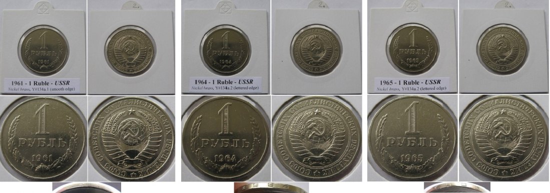  1961-1965,USSR, a set of 3 pcs 1-Ruble Soviet coins   