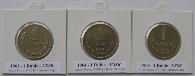 1961-1965,USSR, a set of 3 pcs 1-Ruble Soviet coins   