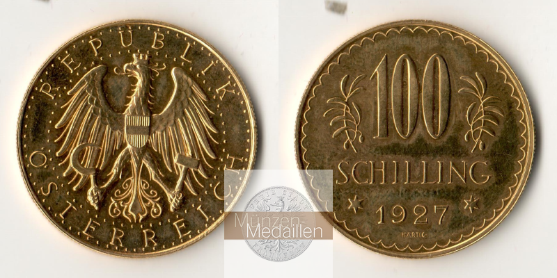 ÖSTERREICH, 1. Republik 1925-1938. MM-Frankfurt Feingold: 21,17g 100 Schilling 1927 