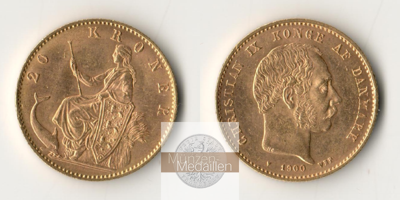 Dänemark, Christian IX MM-Frankfurt KM#791 Feingold: 8,06g 20 Kronen 1900 