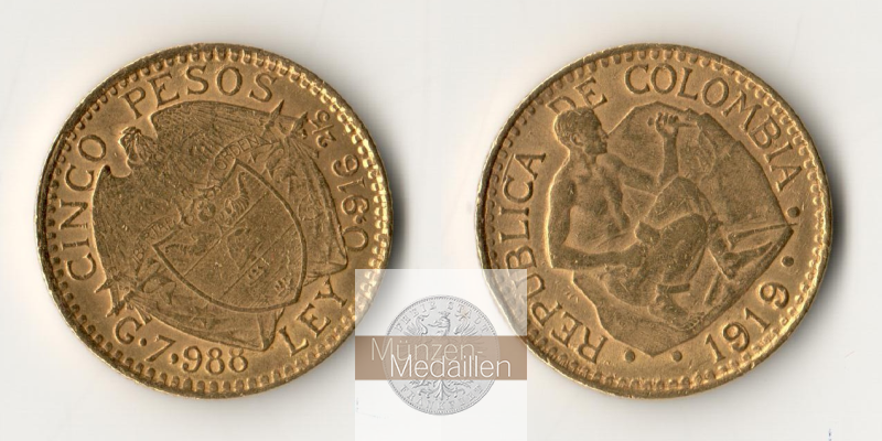 Kolumbien Feingold: 7,32g 5 Pesos 1919 