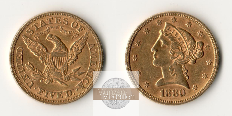 USA.  5 Dollar MM-Frankfurt   Feingold: 7,52g Half Eagle 1880 