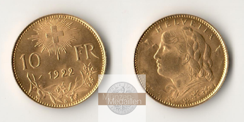 Schweiz  10 sFR MM-Frankfurt Feingold: 2,90g 1/2 Vreneli 1922 B 