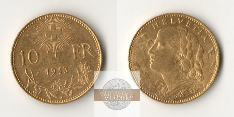 Schweiz  10 sFR MM-Frankfurt Feingold: 2,90g 1/2 Vreneli 1913 B 
