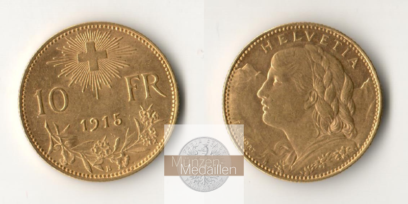 Schweiz  10 sFR MM-Frankfurt Feingold: 2,90g 1/2 Vreneli 1915 B 