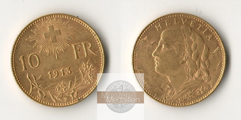 Schweiz  10 sFR MM-Frankfurt Feingold: 2,90g 1/2 Vreneli 1913 B 