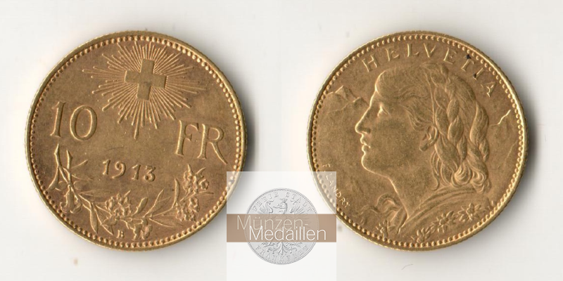 Schweiz  10 sFR MM-Frankfurt Feingold: 2,90g 1/2 Vreneli 1913 B 