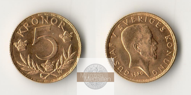 Schweden, Gustav V. (1908-1950) MM-Frankfurt  Feingewicht: 2,02g 5 Kronen 1920 