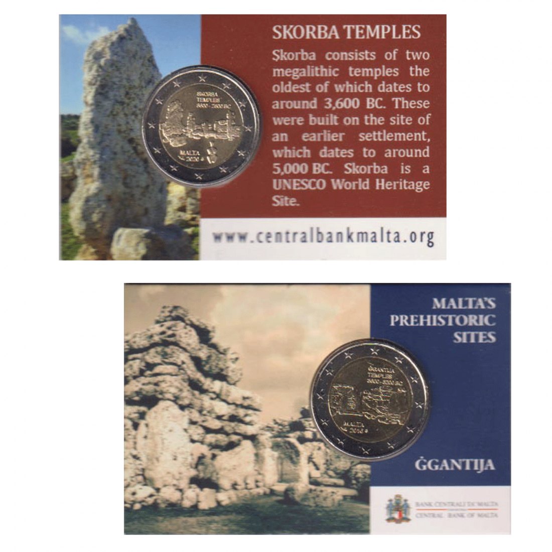  2x 2-€-Sonderm Malta *Tempel von Skorba* 2020 + *Ggantija Tempel* 2016 mit Mz Füllhorn nur 20.000St!   