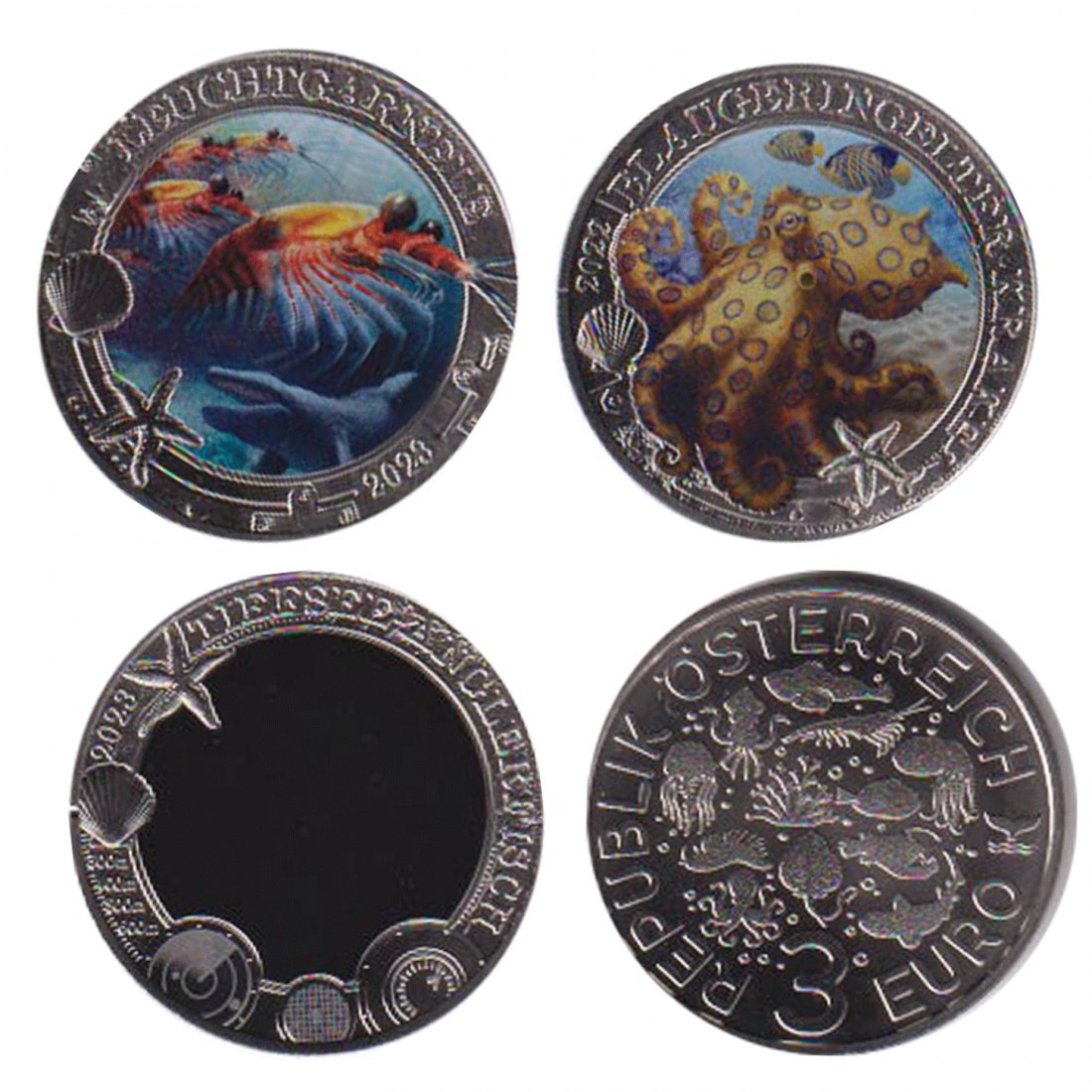  3x 3-€-Farbmünze Österr *Blaugeringelter Krake, Leuchtgarnele, Tiefsee-Anglerfisch * 2022 + 2003   