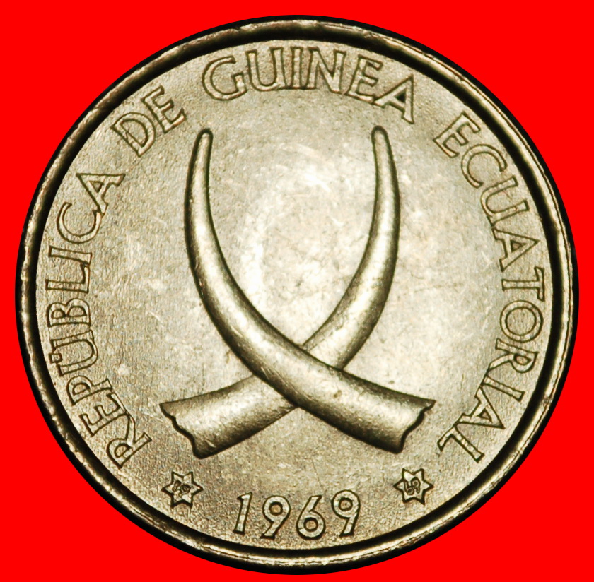  Ⰿ SPAIN:EQUATORIAL GUINEA★1 PESETA 1969 ELEPHANT TUSKS! UNCOMMON! UNC LUSTRE★LOW START ★ NO RESERVE!   