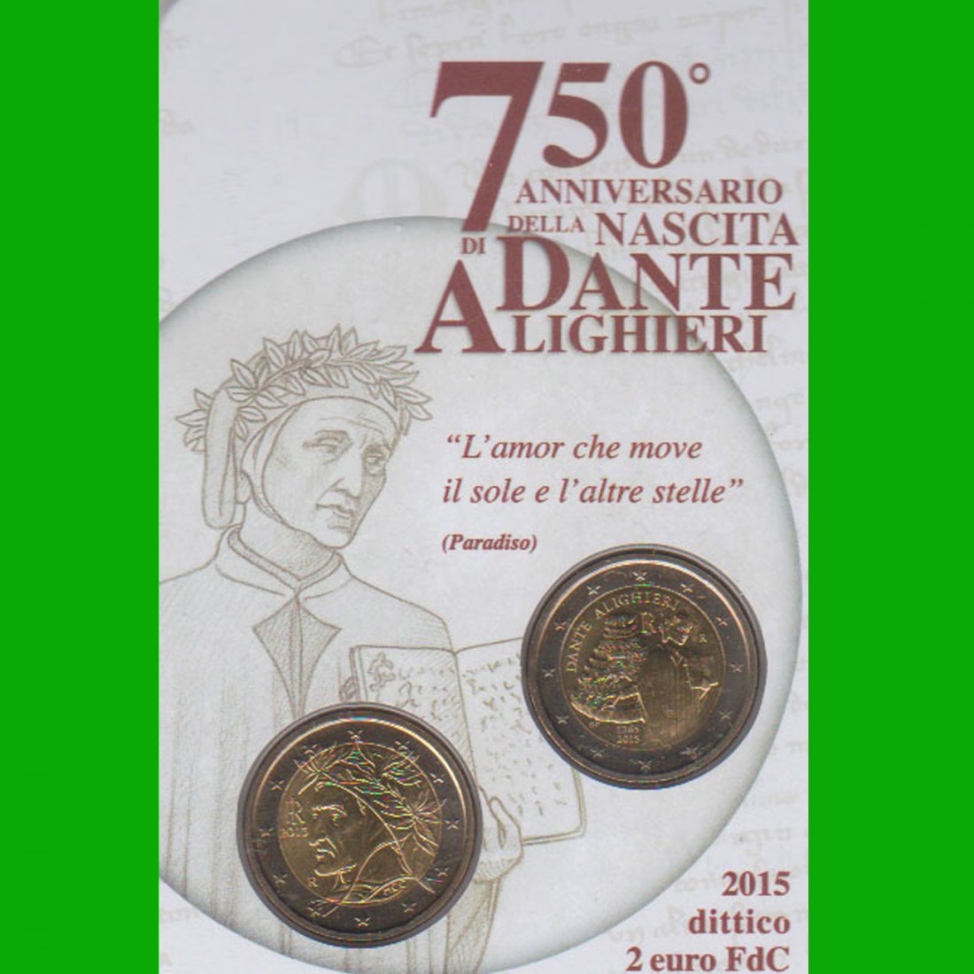  Coincard 2 x 2-€-Münze Italien *750. Geburtstag von Dante Alighieri* 2015 nur 15.000St!   