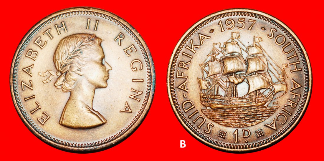  Ⰿ ELIZABETH II 1952-2022:SOUTH AFRICA★1 PENNY 1957 SHIP 1953-1960! DISCOVERY★LOW START ★ NO RESERVE!   