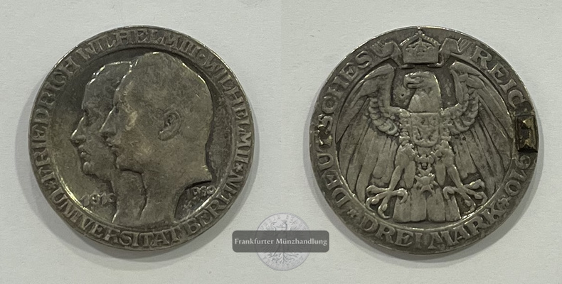  Deutsches Kaiserreich Wilhelm II. 3 Mark 1910 Universität Berlin FM-Frankfurt Feinsilber: 15g   