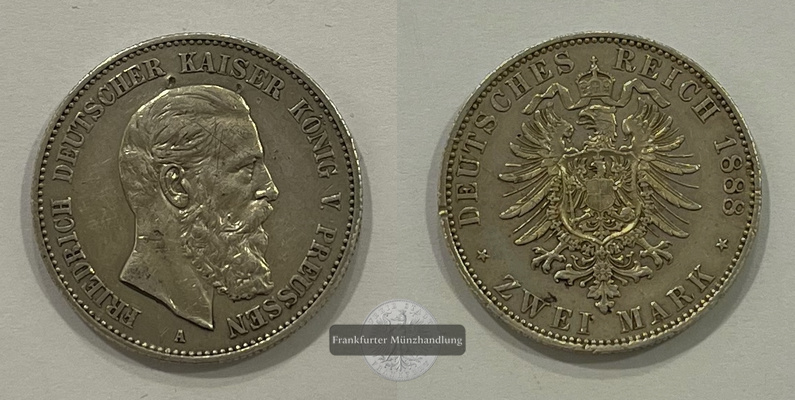  Deutsches Kaiserreich Preußen 2 Mark  1888 A  Friedrich III. J#98 FM-Frankfurt Feinsilber: 25g   