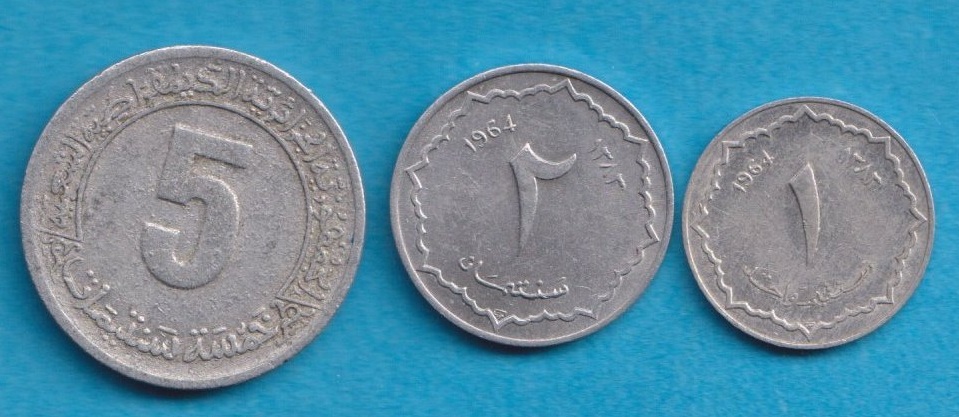  Algerien 1 + 2 + 5 Centimes 1964,1964,1974   