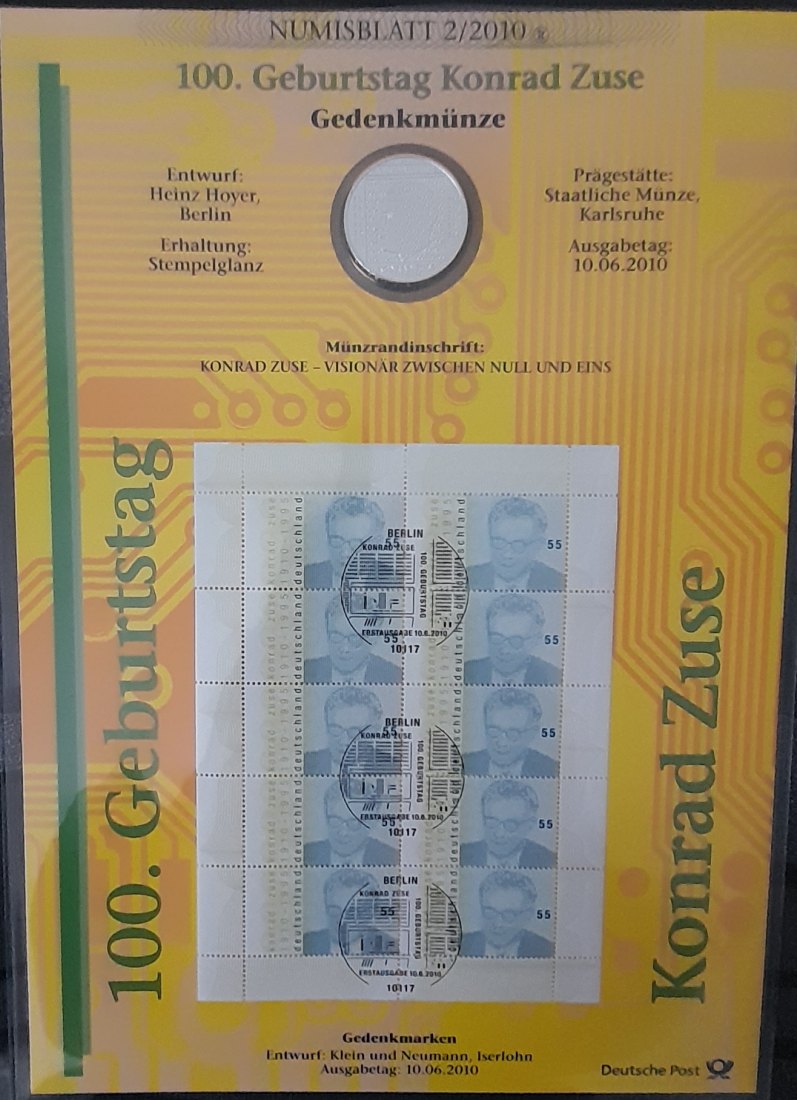  Numisbrief mit 10€ Silbermünze Konrad Zuse 2010 16,65g fein   