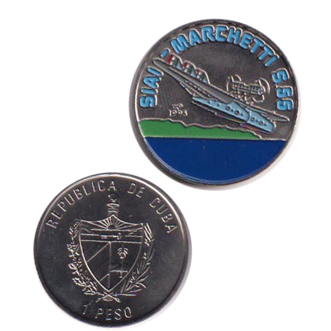  Offiz. 1-Peso-Farbmünze Kuba *Flugzeuge - Siai-Marchetti S55 Italien* 1995 max 25.000St!   