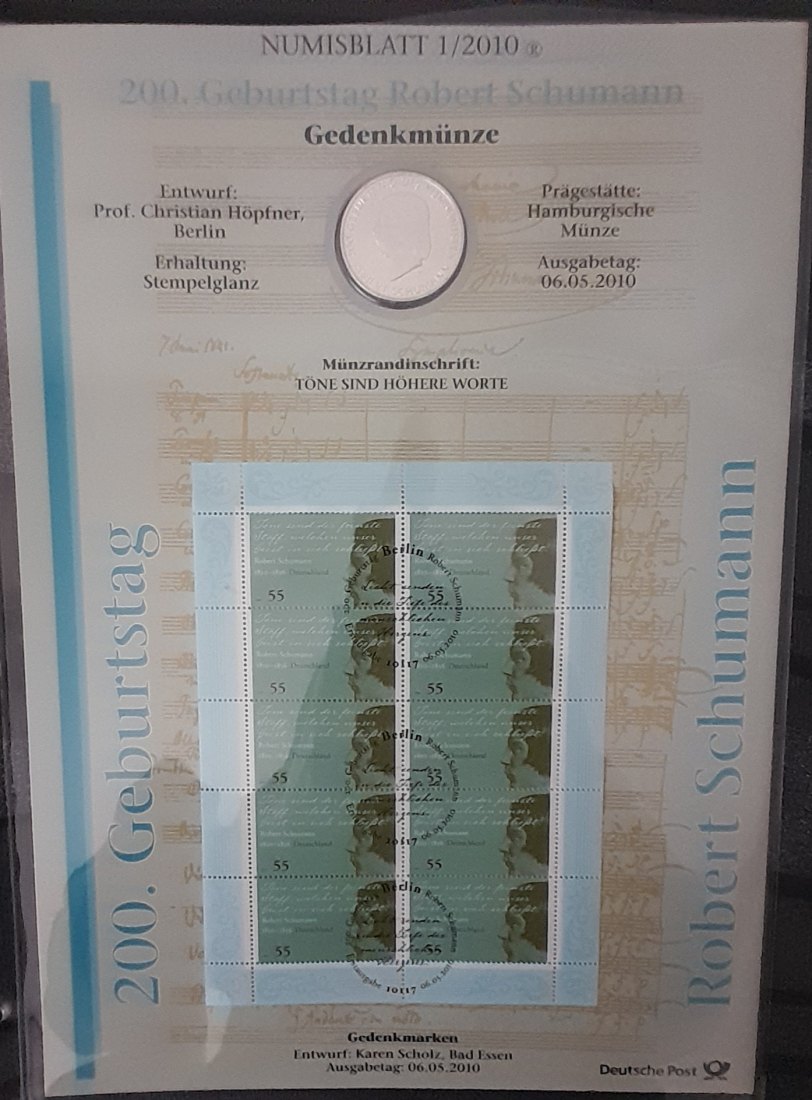  Numisbrief mit 10€ Silbermünze Robert Schumann 2010 16,65g fein   