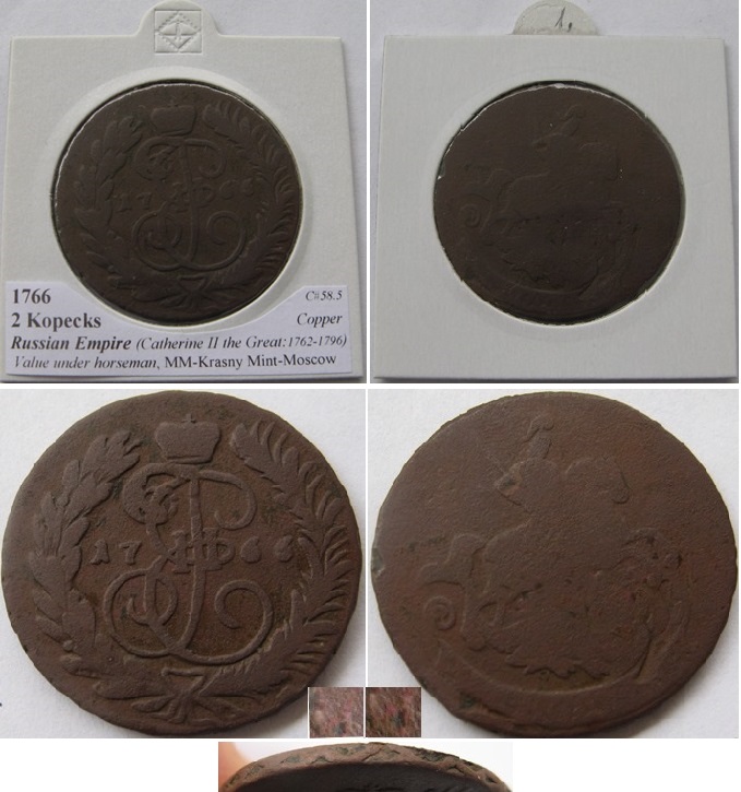  1766, Russian Empire, 2 Kopecks (Value under horseman; reticulated edge)   