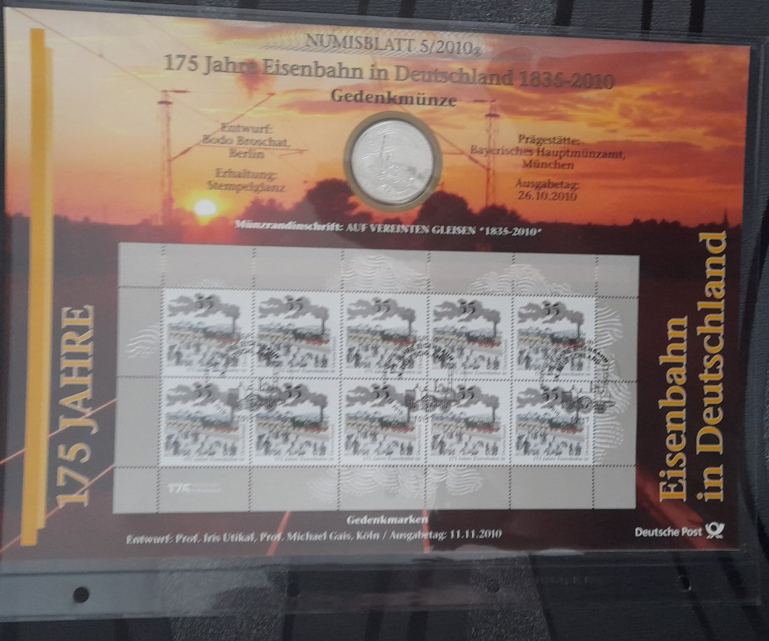  Numisbrief mit 10€ Silbermünze 175 Jahre Eisenbahn in Deutschland 2010 16,65g fein   