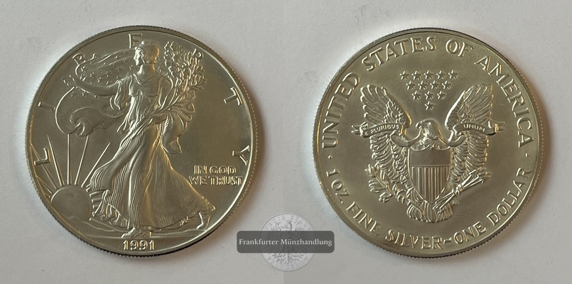  USA 1 Dollar 1991 American Silver Eagle FM-Frankfurt  Feinsilber: 31,1g   