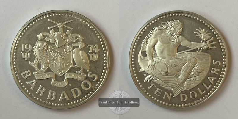  Barbados 10 Dollars 1974 Neptun mit Dreizack KM#17a FM-Frankfurt Feinsilber: 35g   