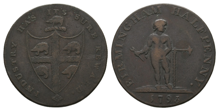  Großbritannien Birmingham, Token 1/2 Halfpenny 1793, Kupfer   