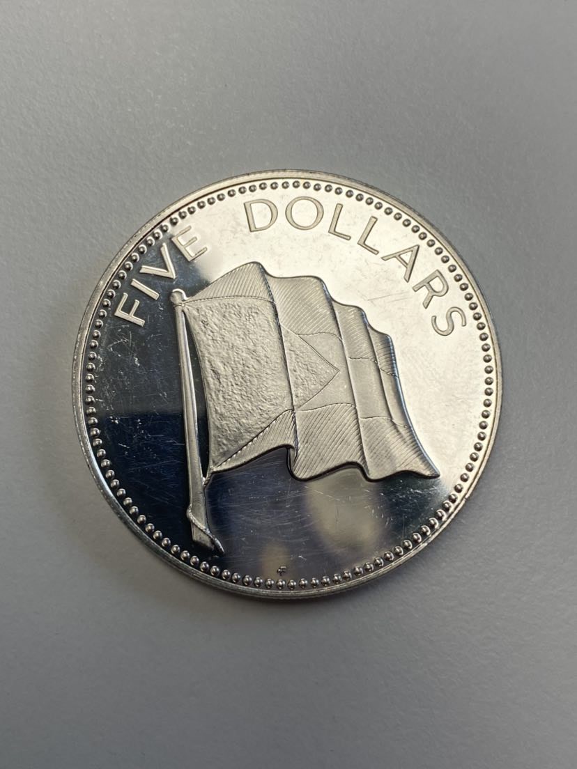  gujo68 - Bahamas 5 Dollars Flagge 1974, Silber   