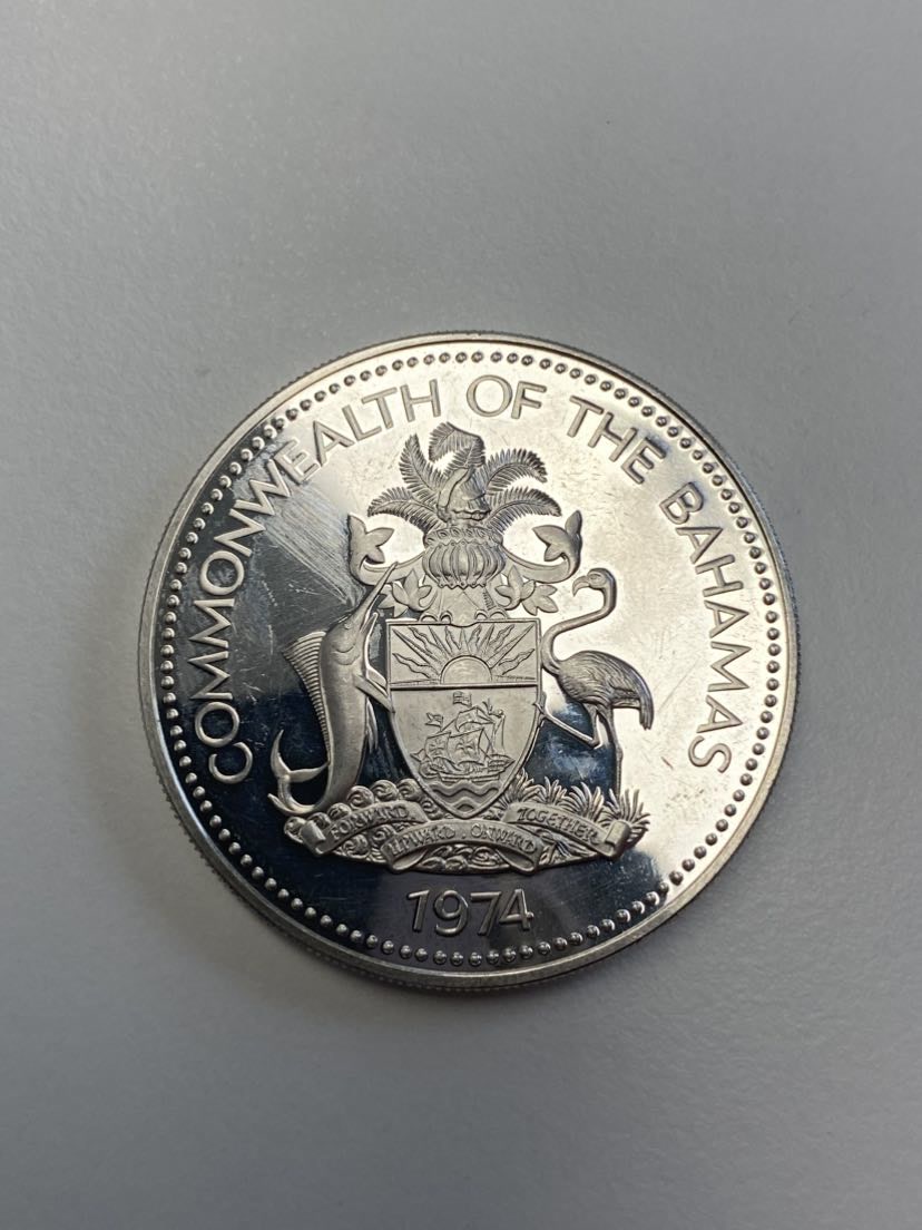  gujo68 - Bahamas 5 Dollars Flagge 1974, Silber   