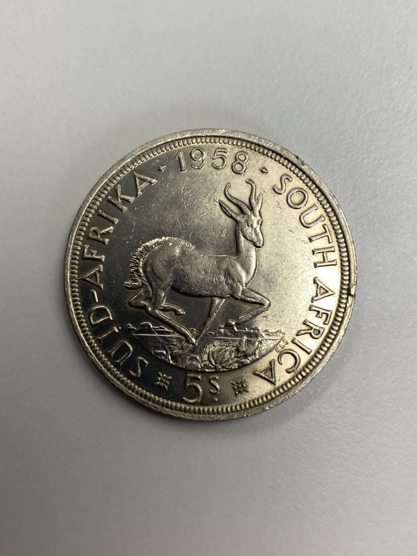  gujo68 - Südafrika 5 Shilling Springbock 1958, Silber   
