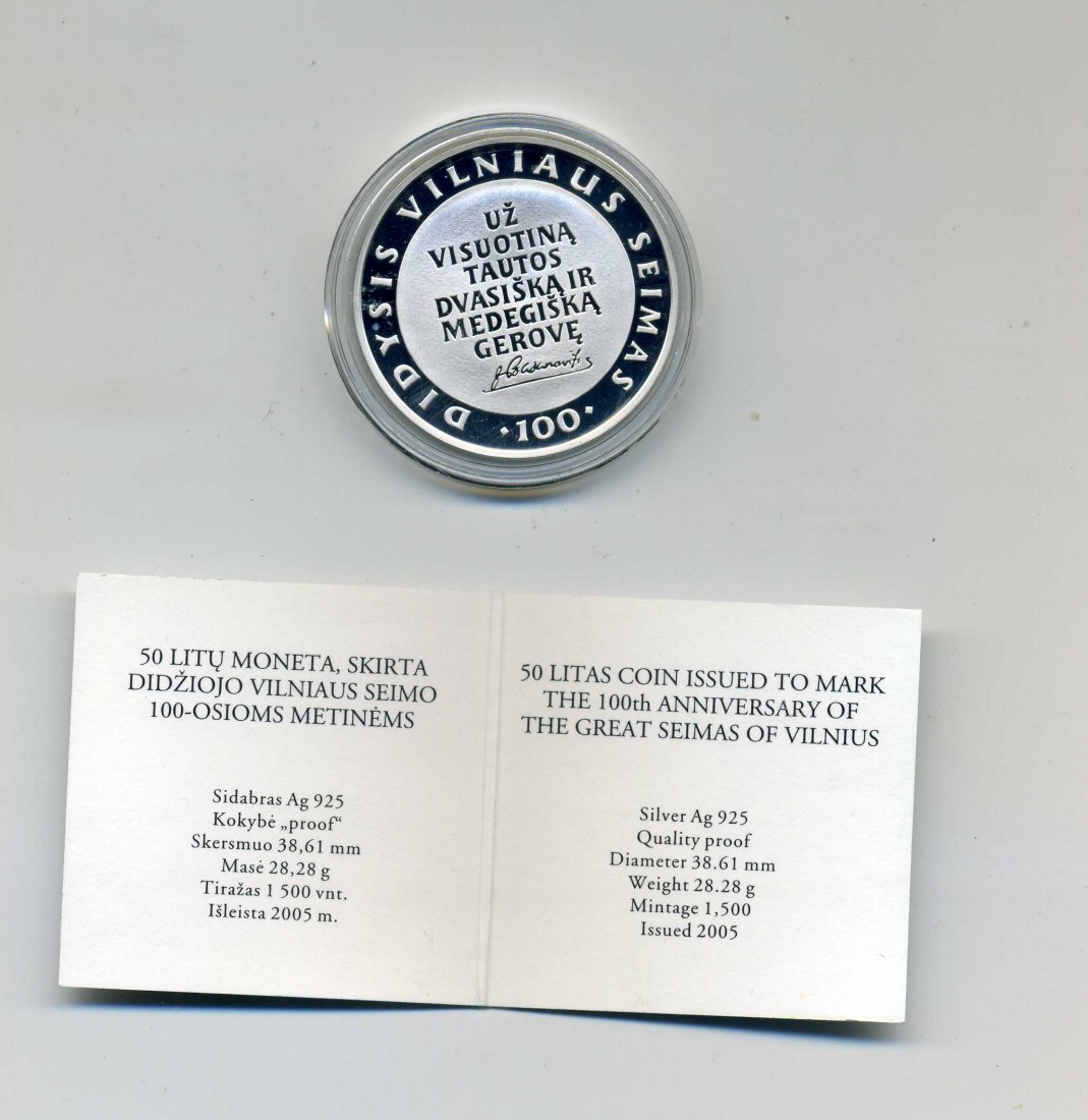  50 Litu 2005 Großer Seimas Original Kapsel+Zertifikat+Verpackung RAR 1500 Stück   