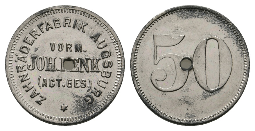  Bayern, Augsburg Zahnräderfabrik vorm. Joh. Renk (Act. Ges.), WZ: 50; Menzel 1098.4, gelocht   