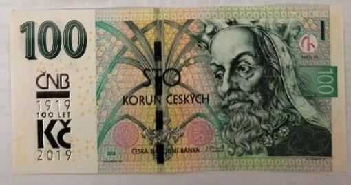  Czech Commemorative Banknote 100 Korun – CNB 100 Years Overprint (2019) RARE M20   