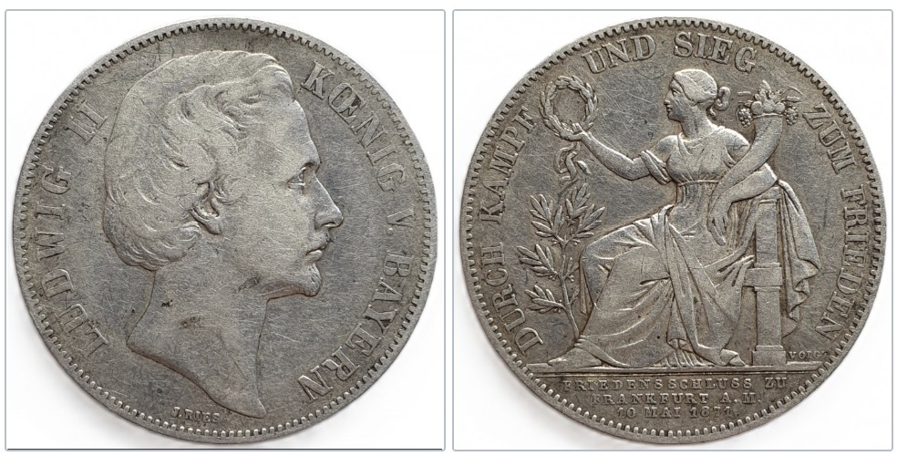  Königreich Bayern Siegestaler 1871 Ludwig II. Silber Münze   