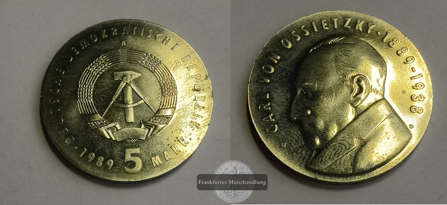  DDR. 5 Mark 1989, Carl von Ossietzky.  FM-Frankfurt Nickel-Messing   