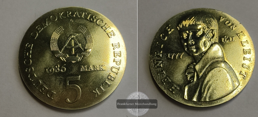  DDR. 5 Mark 1986, Heinrich von Kleist.  FM-Frankfurt Nickel-Messing   