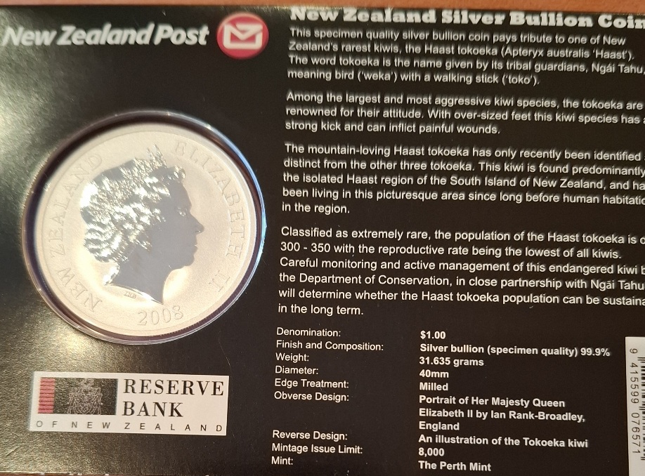  New Zealand Silber Dollar Kiwi 2008 in Coinxard, Auflage 8.000   