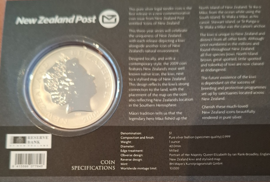  New Zealand Silver Dollar Kiwi 2009 in Coincard   
