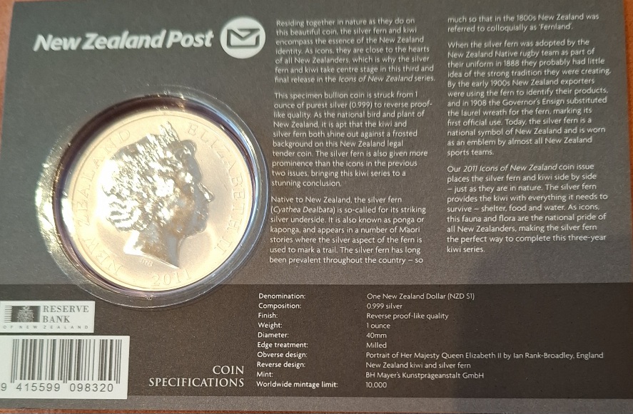  New Zealand Silver Dollar Kiwi 2011 in Coincard   
