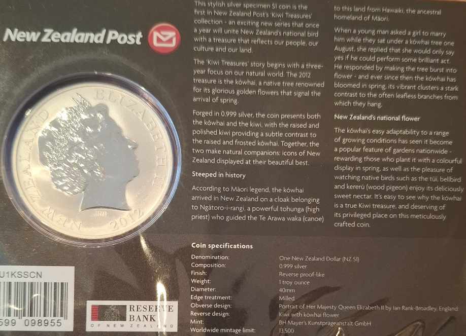  New Zealand Silver Dollar Kiwi 2012 Reverse proof like in Coincard; Auflage 13.500 Ex.   