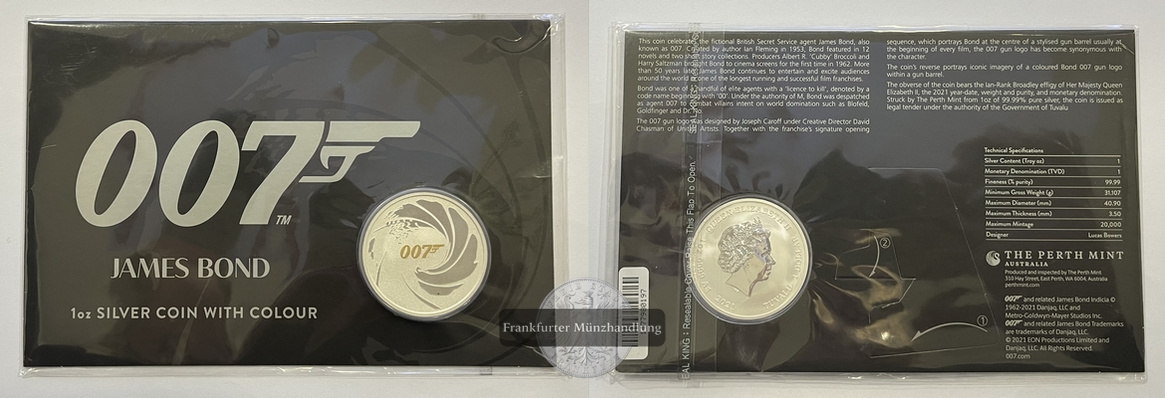  Tuvalu 1 Dollar 2021 James Bond 007 FM-Frankfurt Feinsilber: 31,06g   